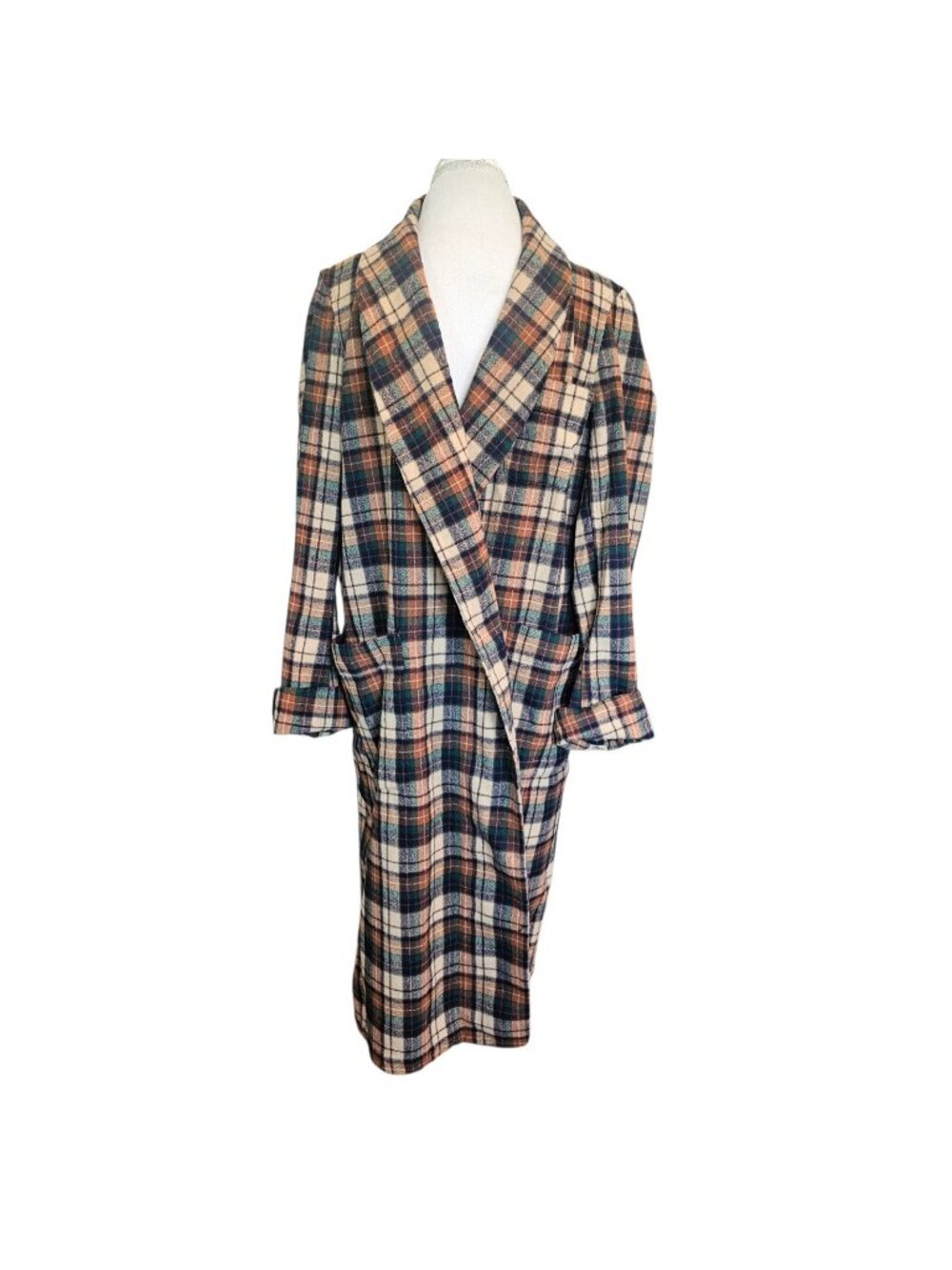 Vtg 60s 70s Pendleton Robe Plaid Sz M Wool Shawl Collar Cream Green Navy No Belt